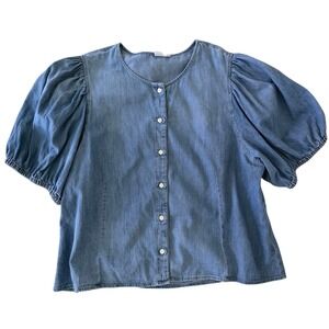 GAP XXL Denim Puff Sleeve Button‎ Front Shirt Top Blouse Blue Chambray